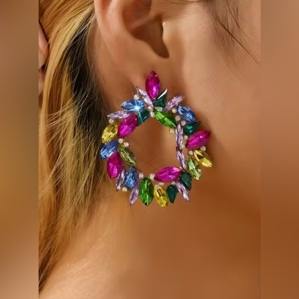 Multicolor Simulated Gemstones Statement Earrings - image 3
